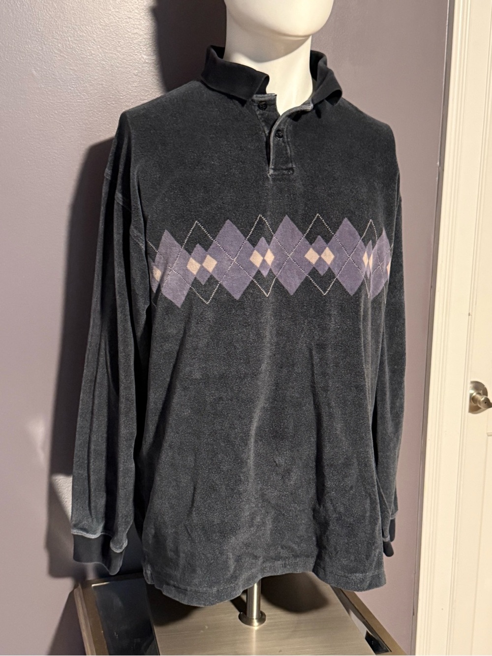 Men's Black Argyle Long-Sleeve Polo Shirt Vintage Velour Soft 90’s